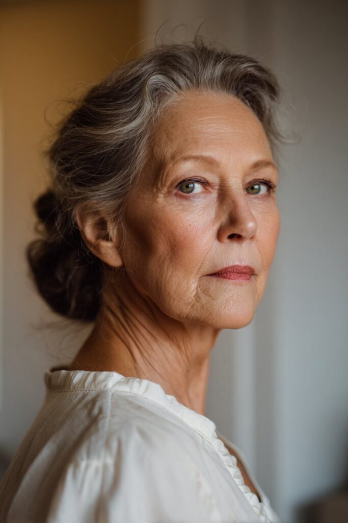 woman over 70 with side swept updo