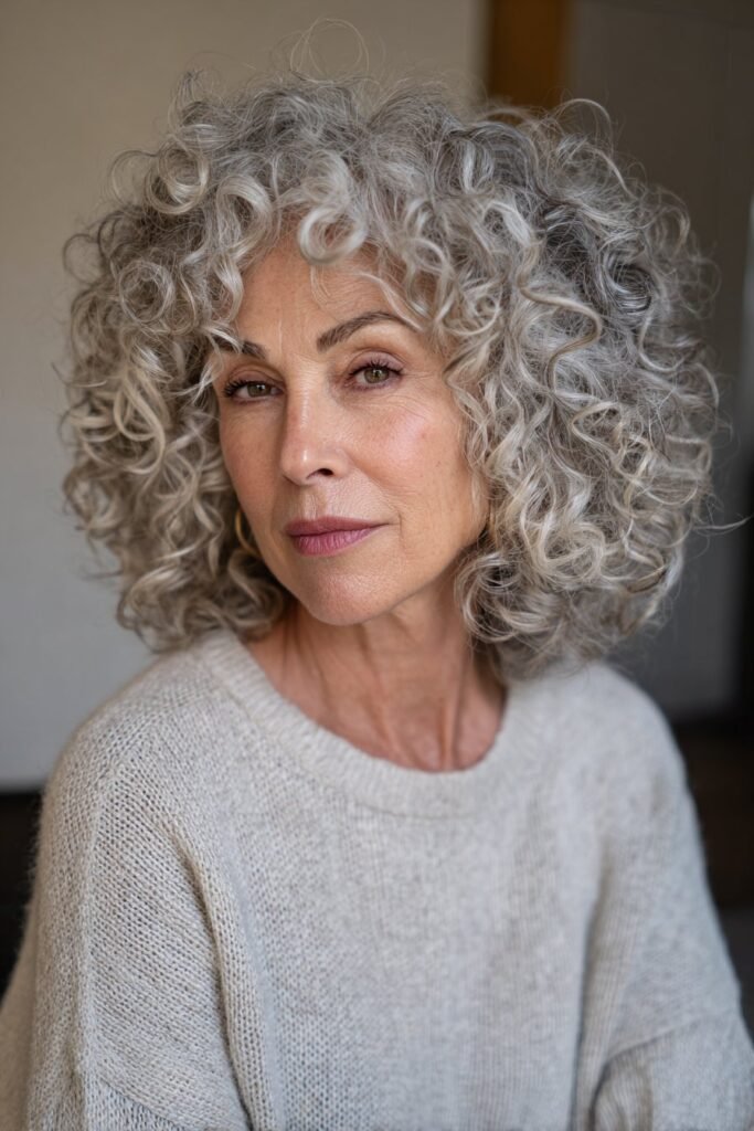 older woman with silver curly bob, soft grey curls, rounded shape, chest-length portrait