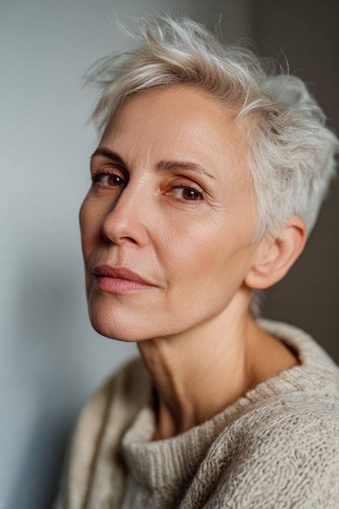 woman over 70 with silver pixie haircut