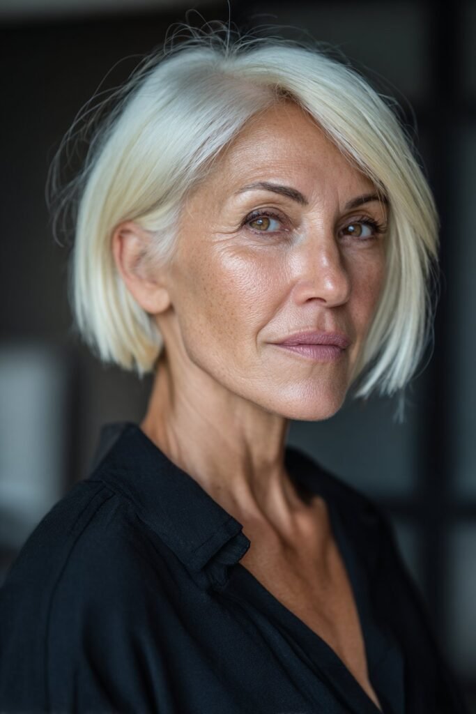 Woman over 50 with sleek straight bob for thick hair.