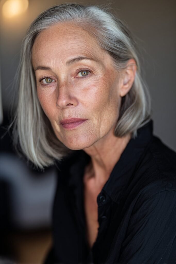 woman over 60 with sleek side parted bob