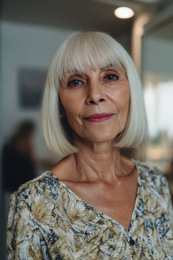woman over 70 with blunt cut curtain bangs