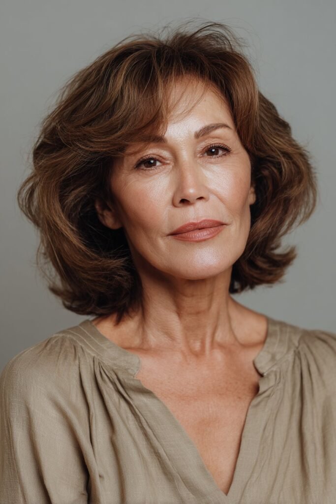 Woman over 50 wearing soft shag with deep side part.