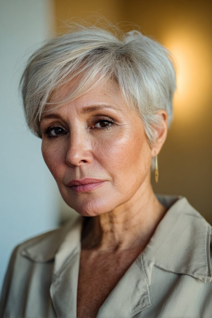 Woman over 50 with stacked bob and voluminous back layers.