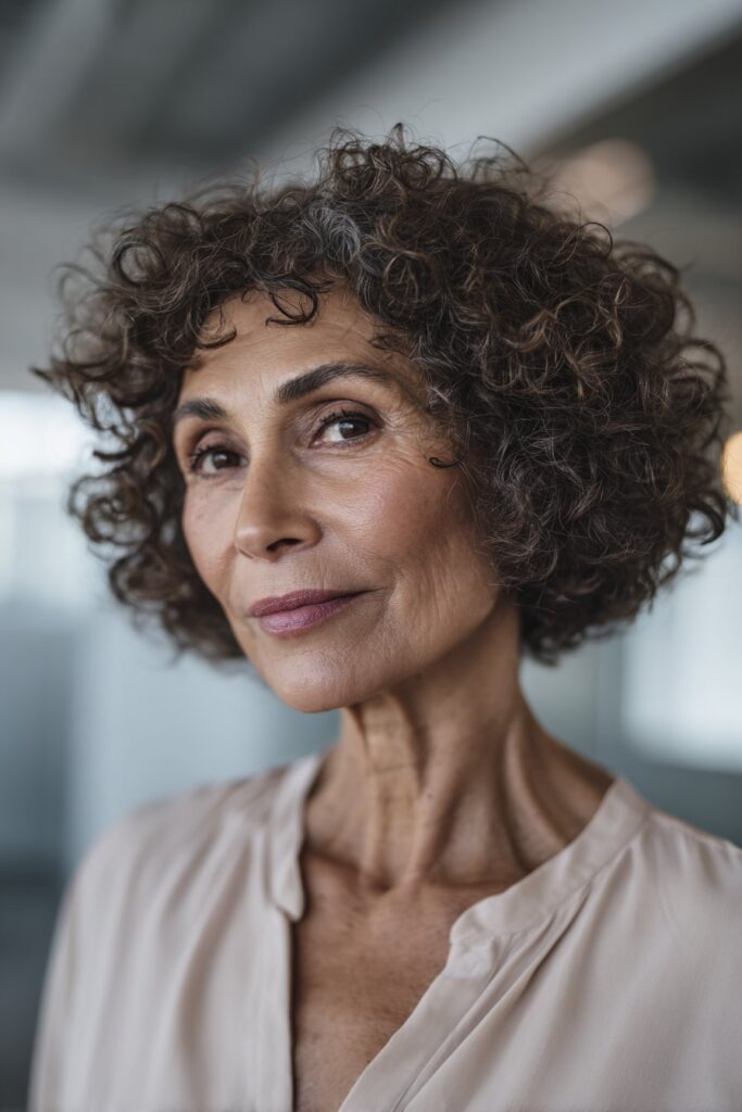 older woman with tapered curly bob, soft stacked curls, natural volume, chest-length portrait