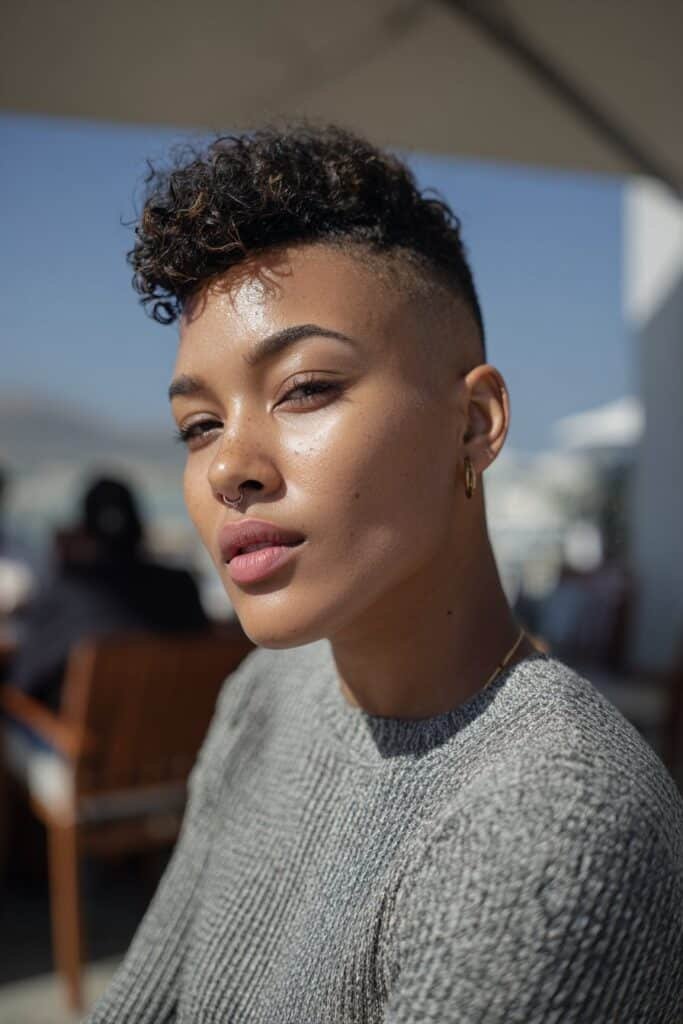 Black woman with tapered cut and curls on top.