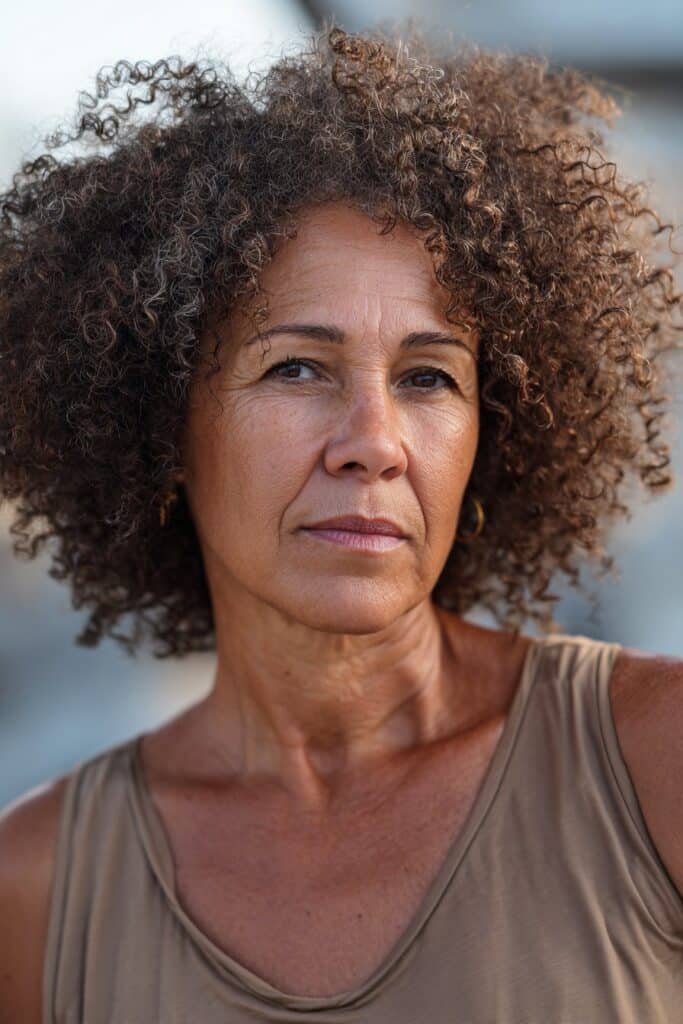 older woman with textured afro, natural coily volume, rounded shape, chest-length portrait