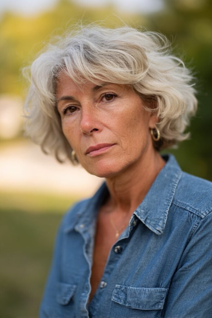 Woman over 50 with textured bob adding movement to thick hair.