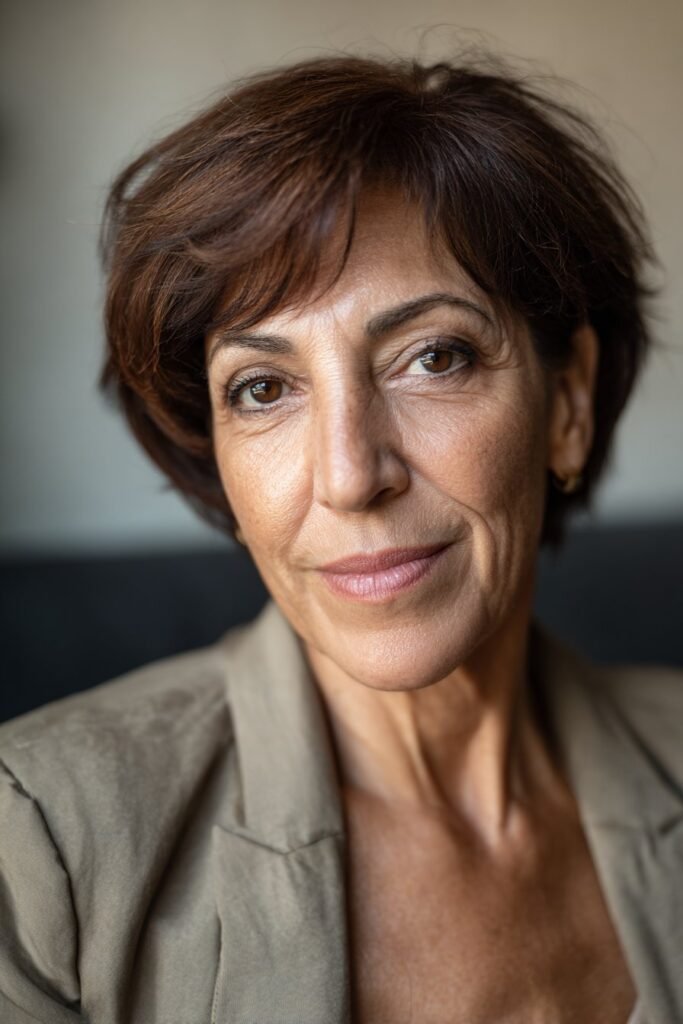 Woman over 50 with textured shag and soft curtain bangs framing her face.