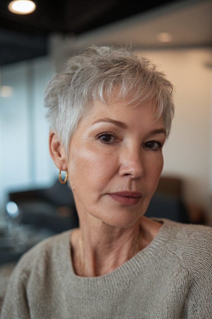 woman over 60 with textured pixie lob