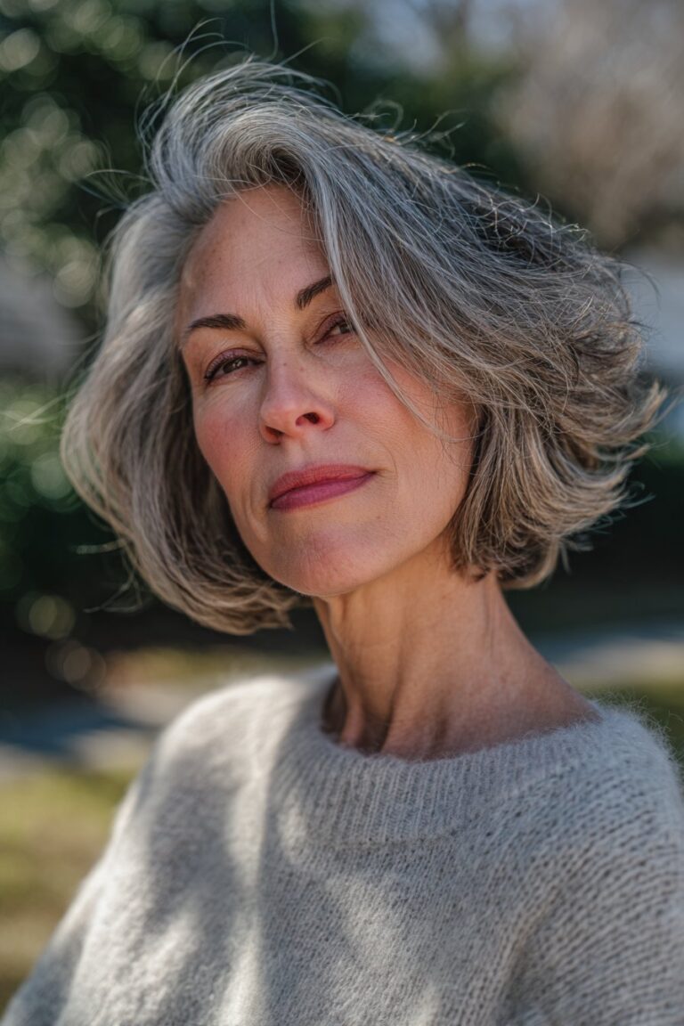Woman over 50 with tousled bob and relaxed texture.
