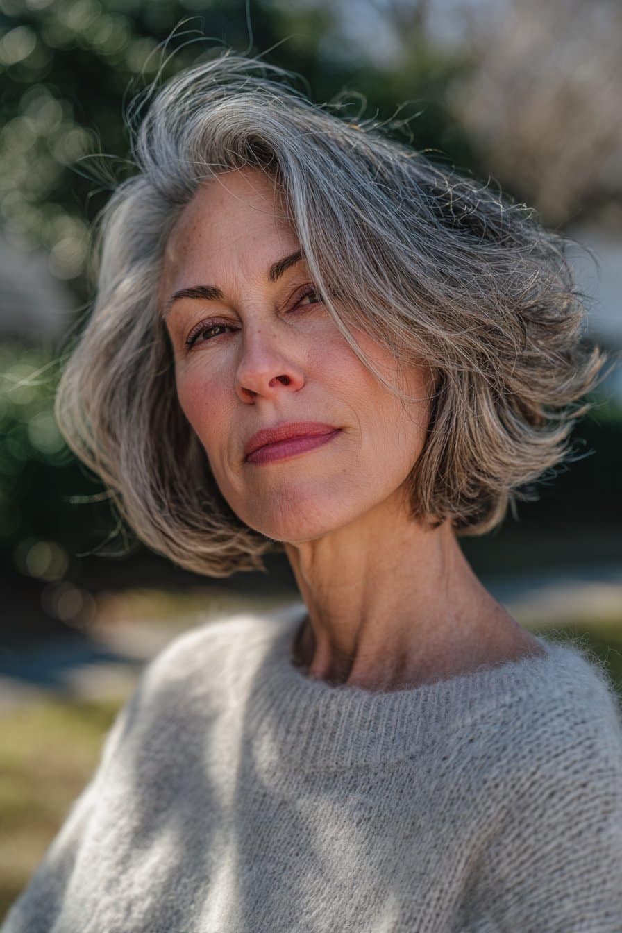 Woman over 50 with tousled bob and relaxed texture.