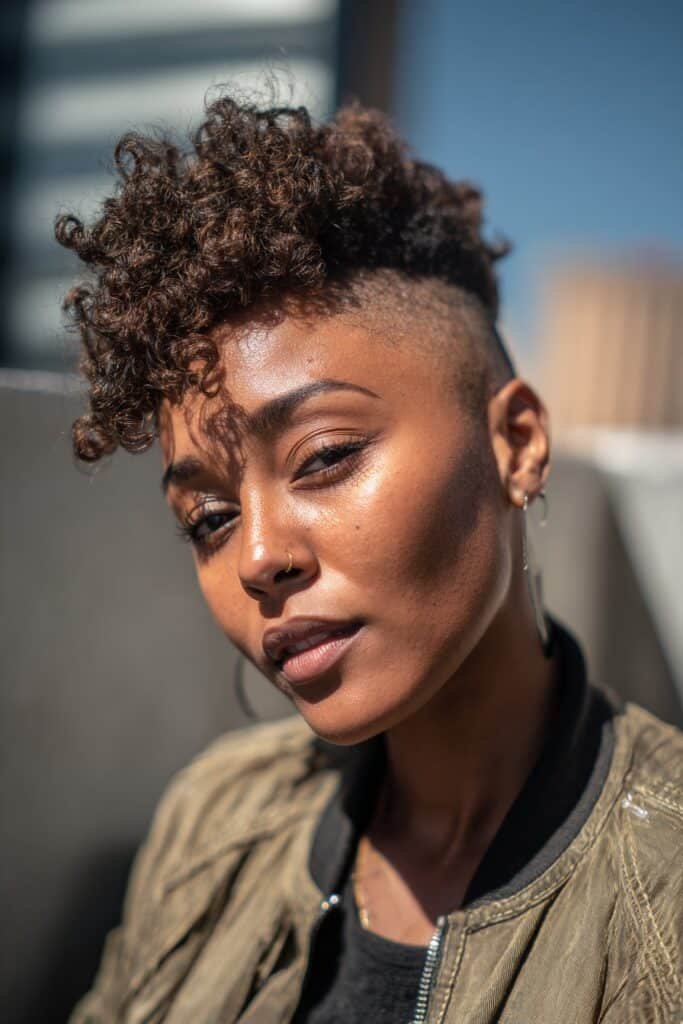 Black woman with undercut and natural curls on top.