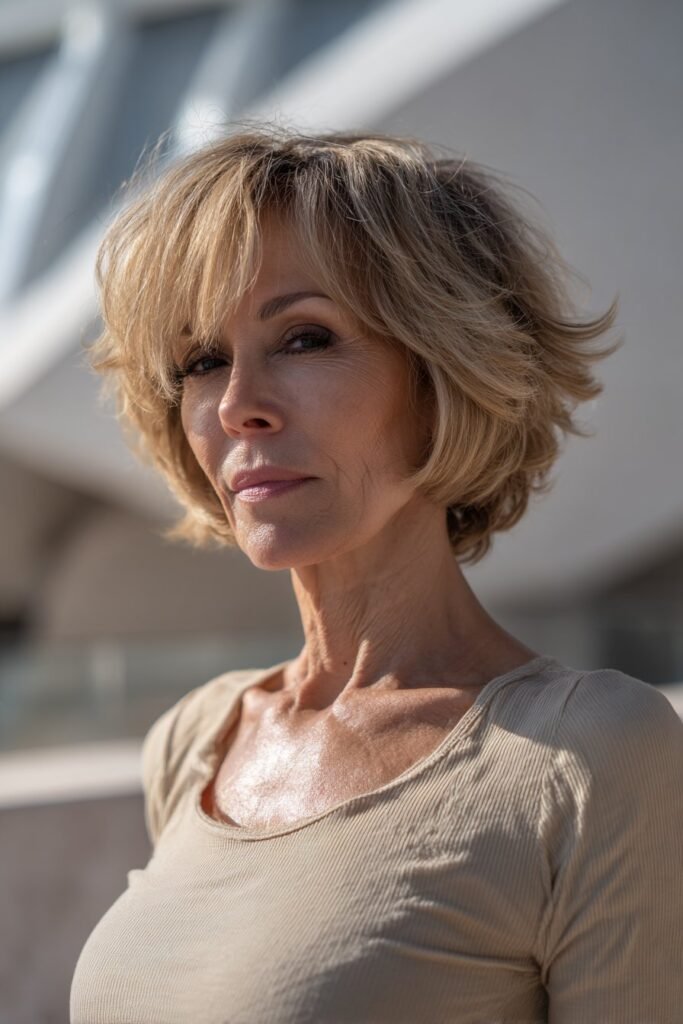 Woman over 50 with voluminous shag, medium shag haircut for women over 50.