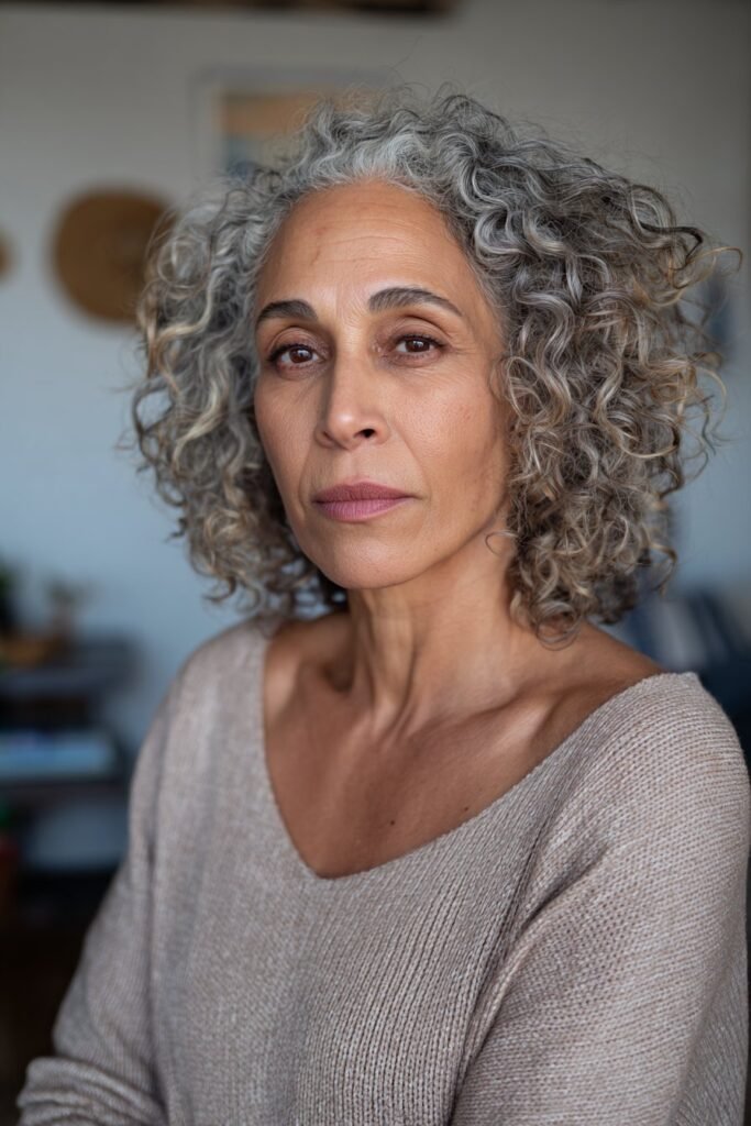 older woman with wash and go curly hair, full natural volume, soft airy curls, chest-length portrait