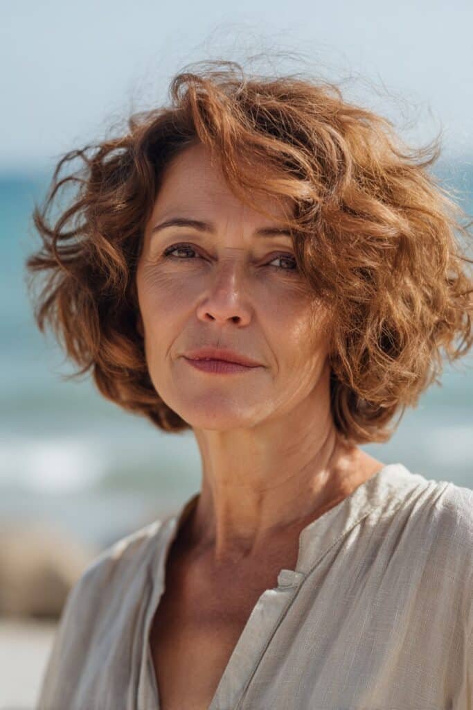 Woman over 50 with soft wavy bob for thick hair.