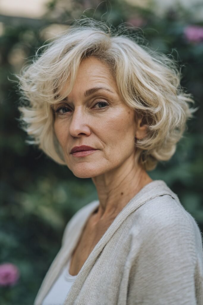 Woman over 50 with wispy bob softening thick hair.