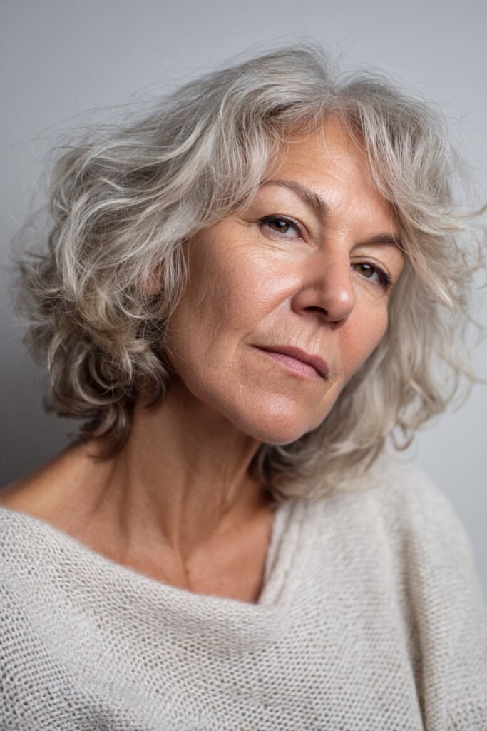 woman over 60 with wispy curtain bangs