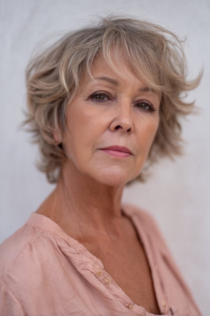 Woman over 50 with wispy shag and light airy bangs.