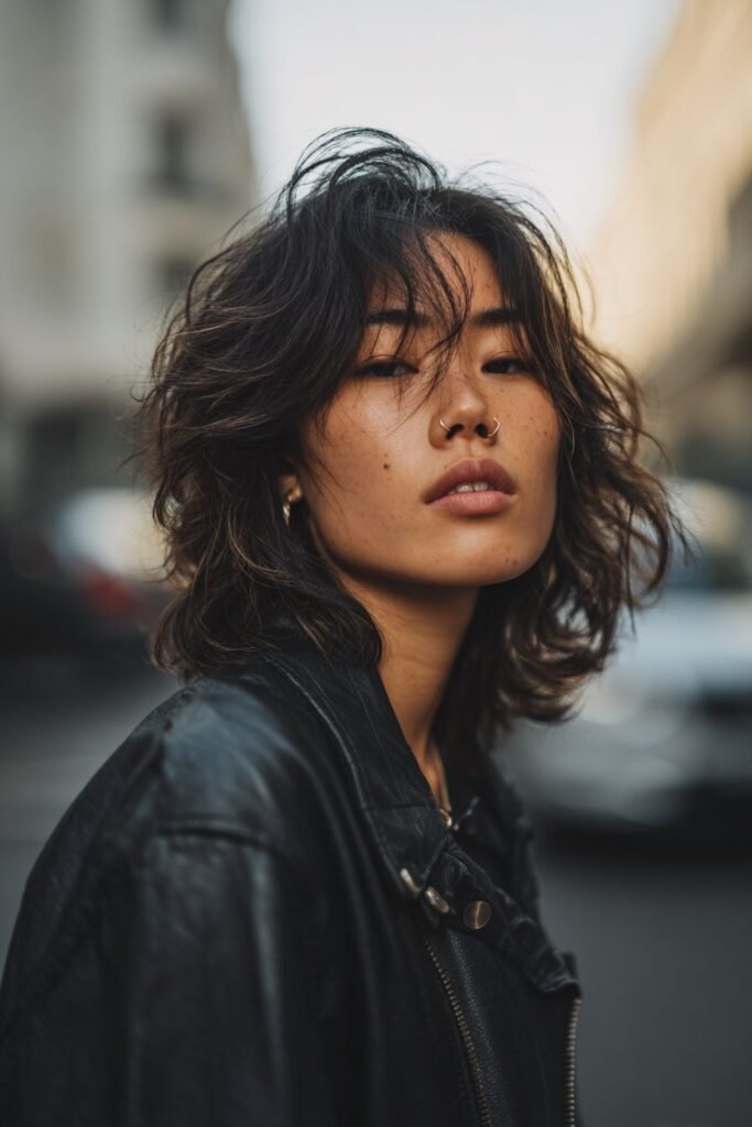Trendy wolf cut layered hairstyle with textured waves