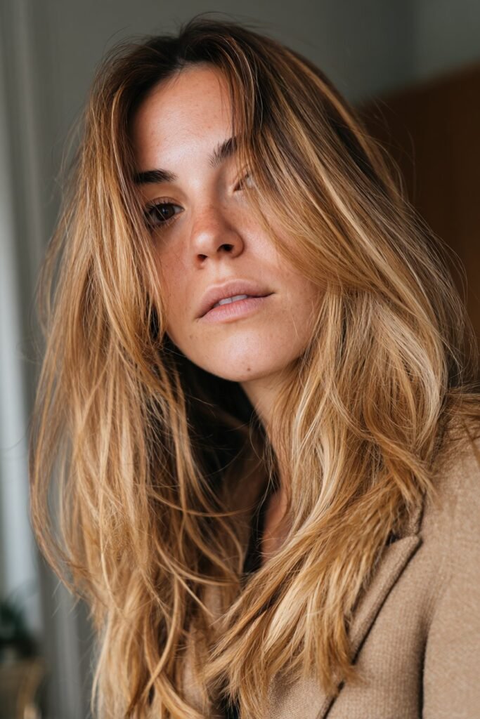 Dirty blonde hair with tortoiseshell highlights in caramel and honey tones