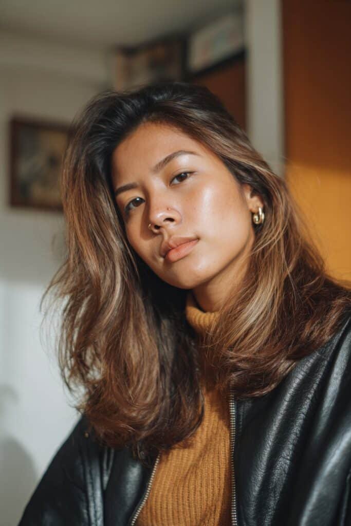 woman with dark brown hair and tortoiseshell highlights blend
