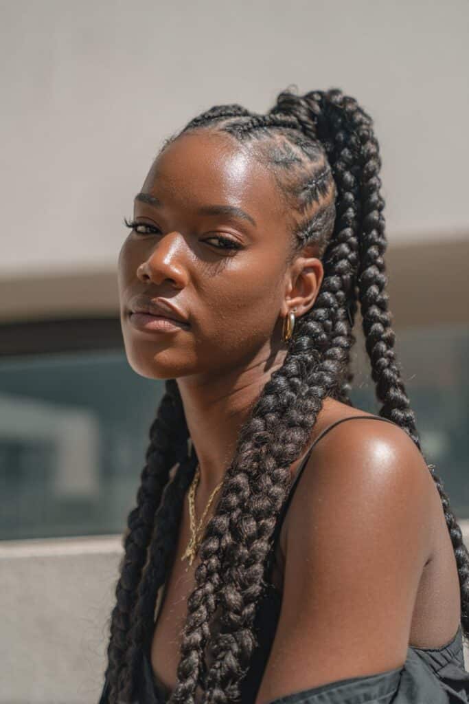 cornrow ponytail hairstyles with triangle parts, geometric braids, trendy look