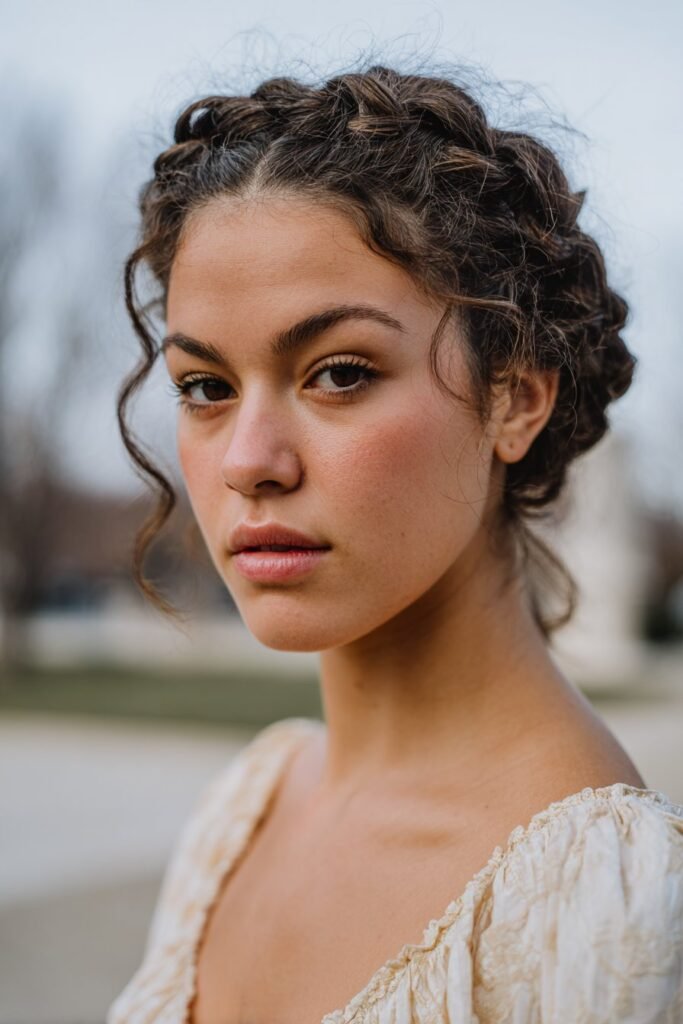 woman with twisted crown braid, soft volume fancy hairstyles