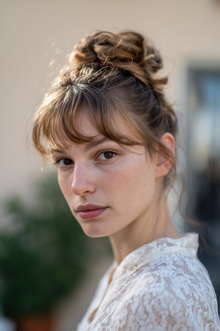Woman with twisted crown leading into a bun.with a smooth combination of bangs.