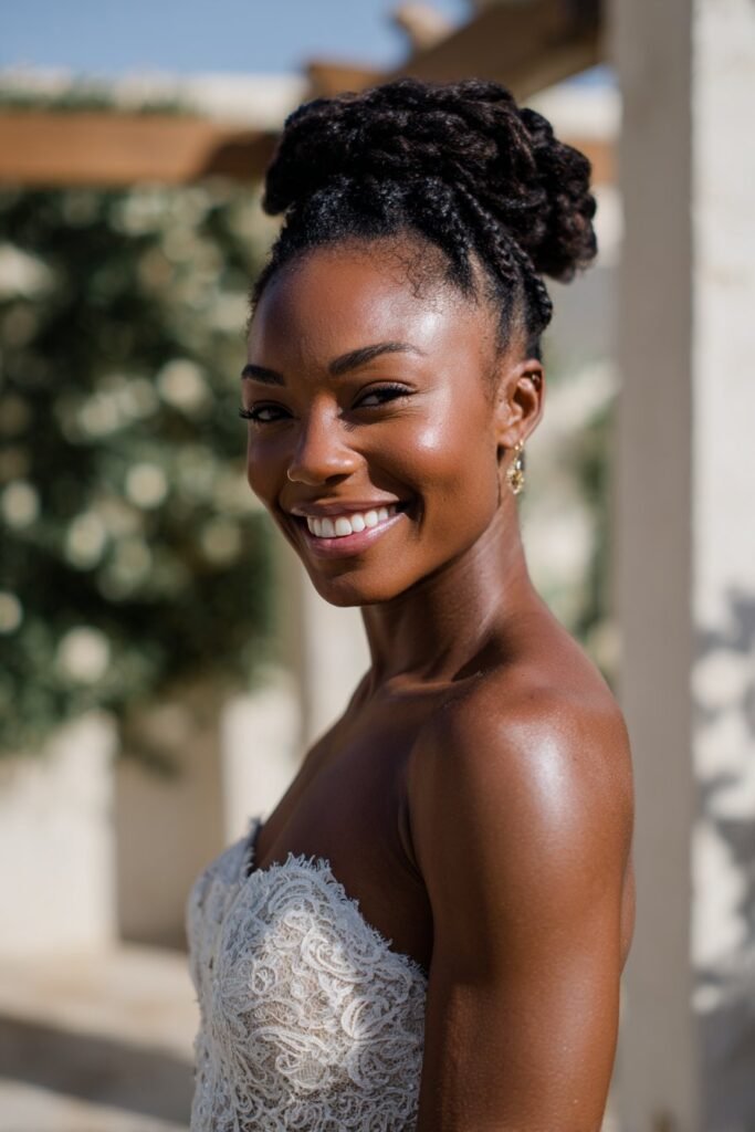Black bride with twisted crown halo, updo wedding hairstyle for Black women.