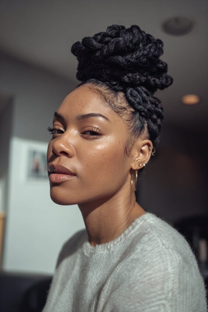 Black woman wearing elegant twisted wig updo with layered twists.