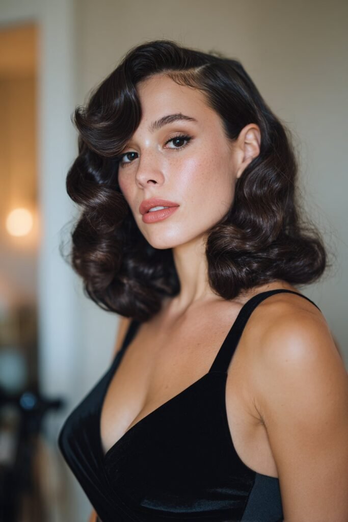 girl with vintage pin curls side part prom hairstyle
