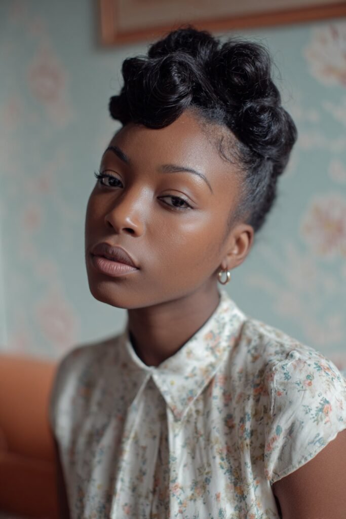 Black woman with playful space buns wig updo and neat edges.