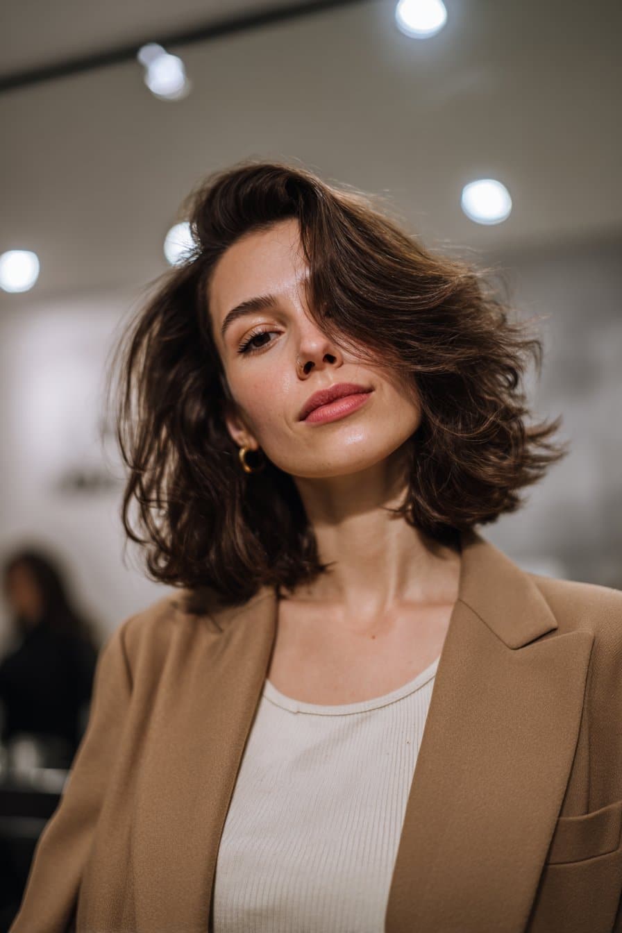 woman with voluminous blowout, smooth layered fancy hairstyles