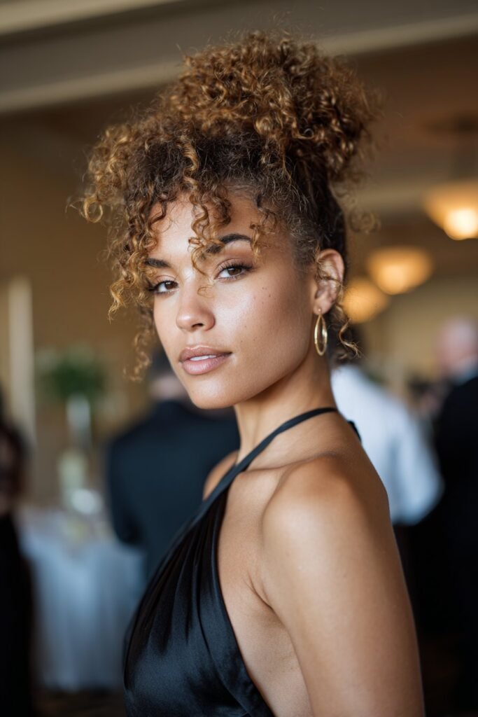 girl with voluminous curly updo prom hairstyle