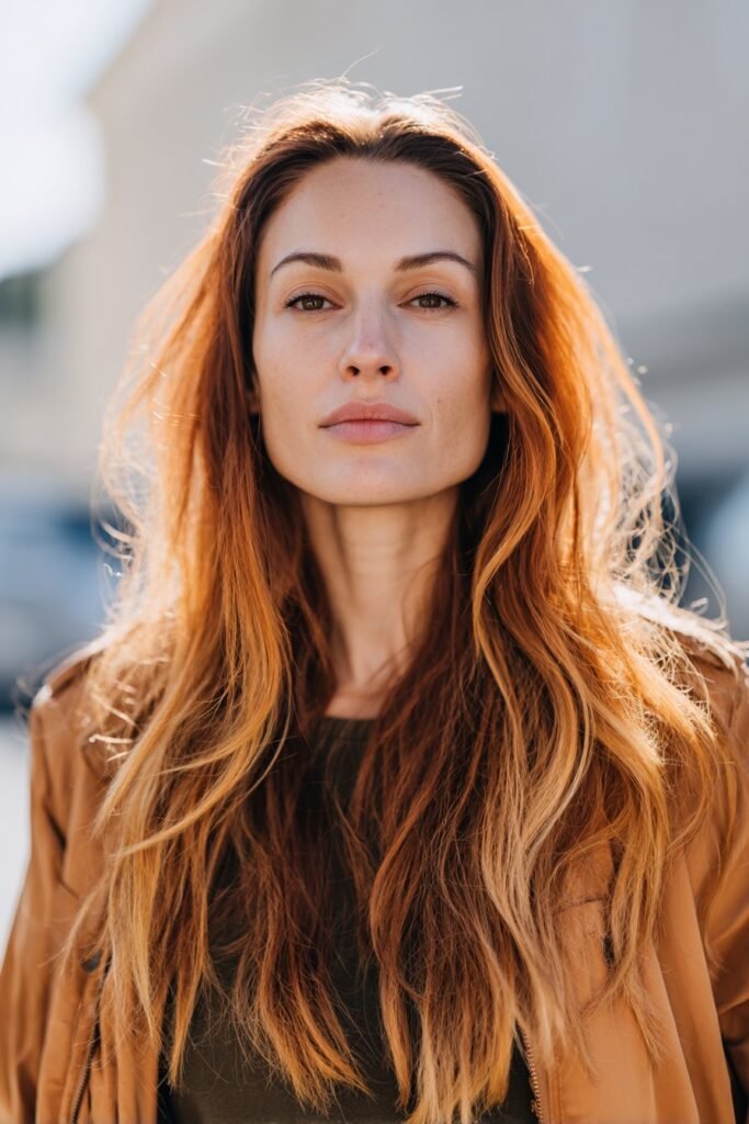 Warm caramel ombre hair transitioning from dark roots to lighter ends