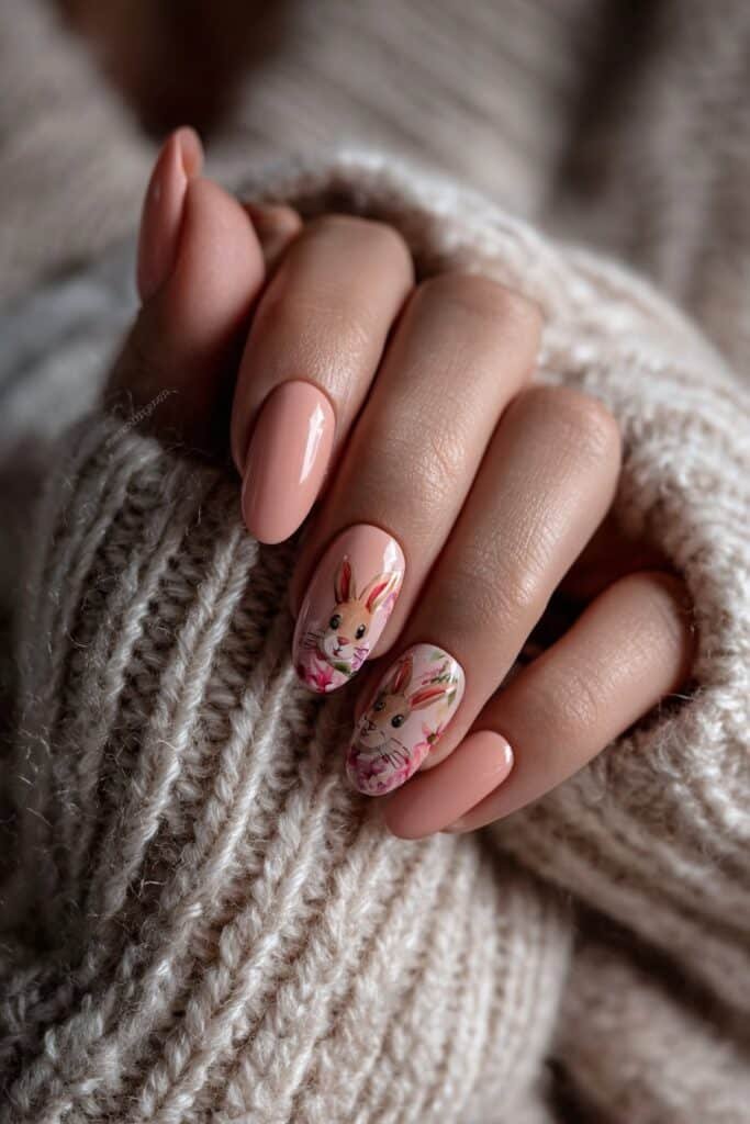 Soft pastel nails with delicate watercolor bunny art on an accent nail.