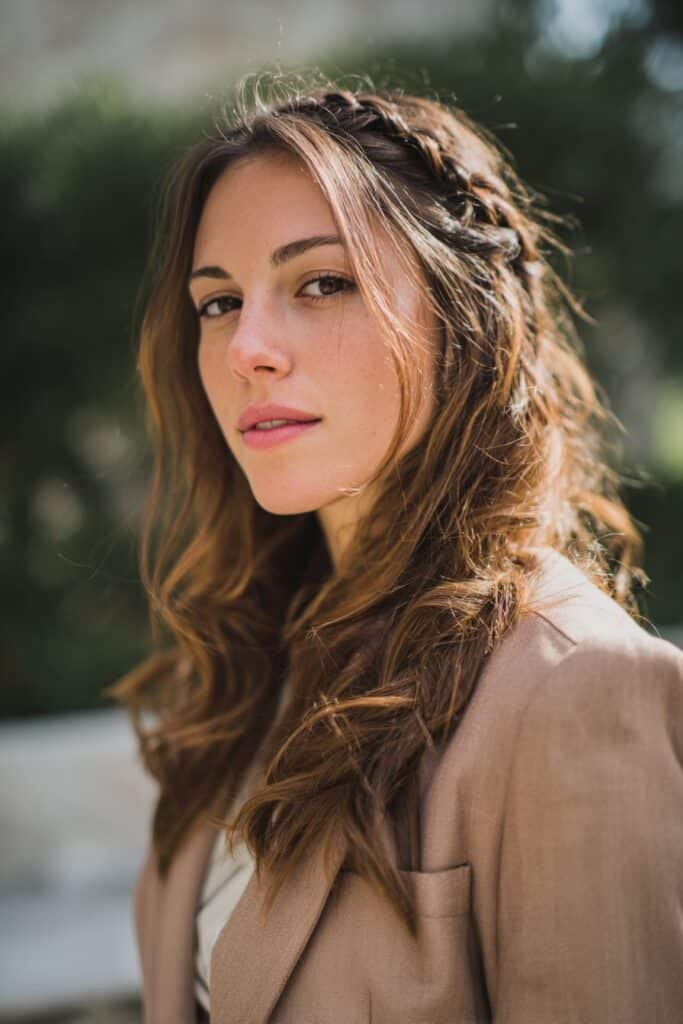 woman with waterfall braid and loose waves, fancy hairstyles style
