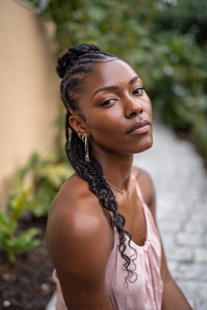 Black woman with waterfall braid wig updo flowing into a bun.