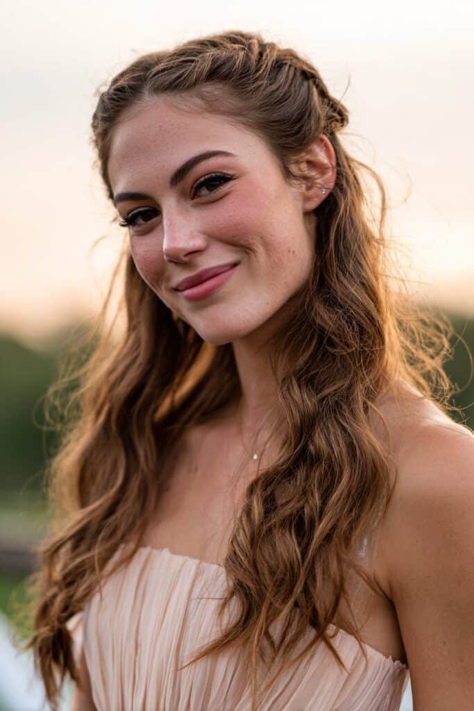 girl with waterfall braid and loose waves prom hairstyle