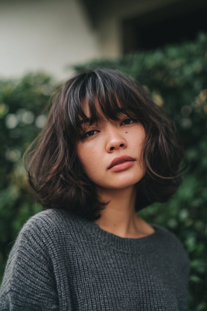 woman with wavy lob and wispy bangs