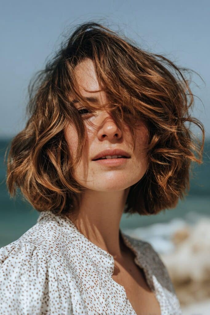 woman with wavy tousled shag hairstyle