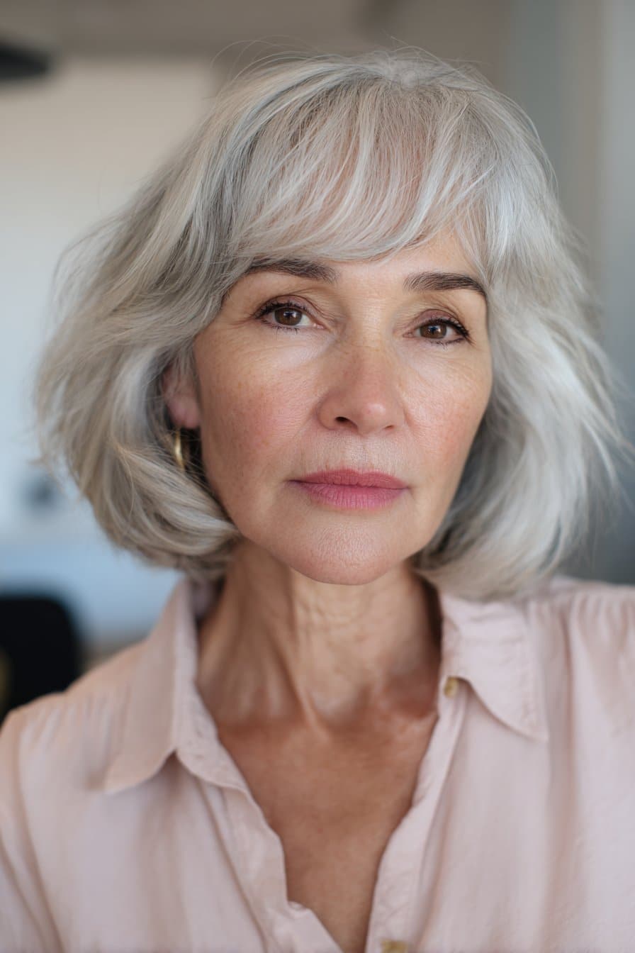 Wispy gray fringe bob with soft bangs and light texture