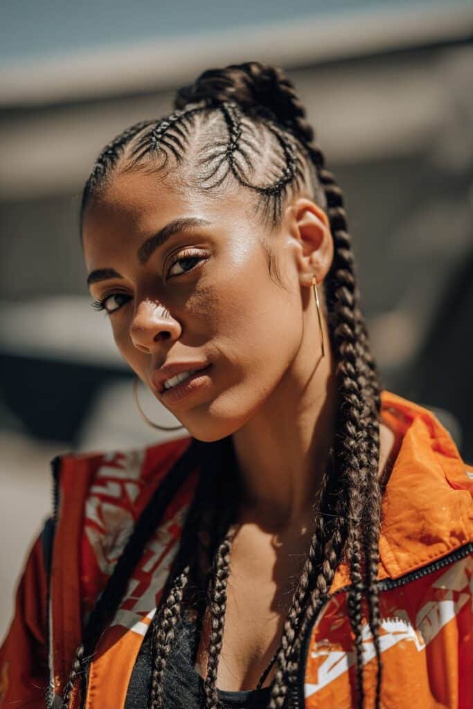cornrow ponytail hairstyles with zig-zag parts, creative braided pattern, high ponytail