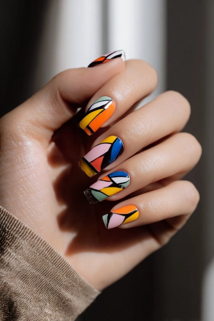 Square nails with abstract colorful art and flowing shapes.