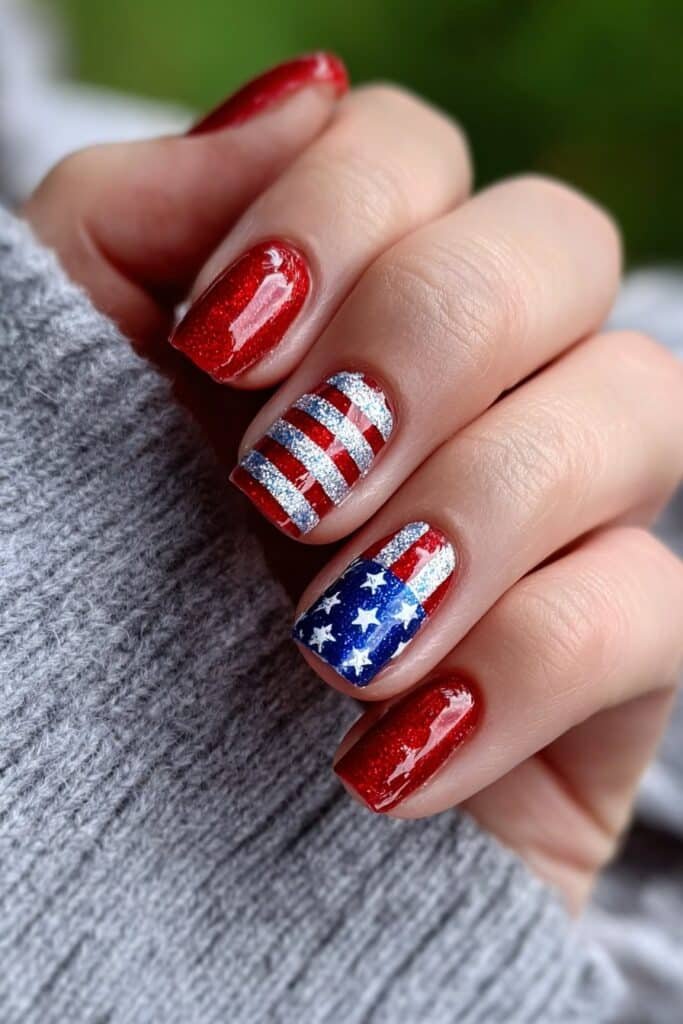 Nails with American flag design and bold stripe patterns.