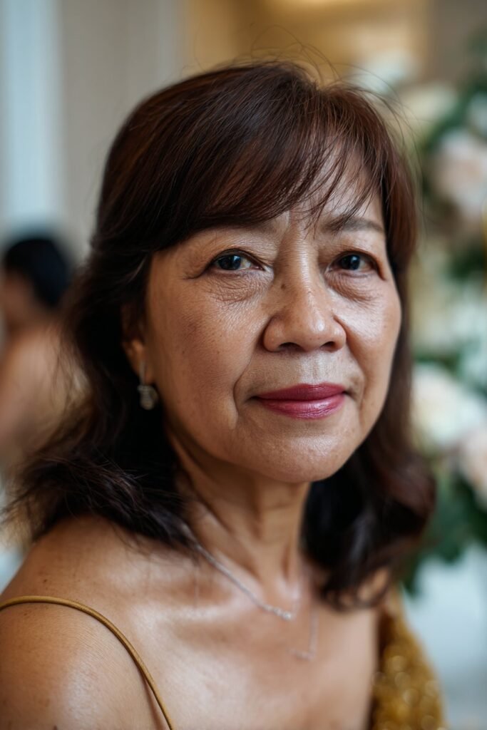 mother of the bride asymmetrical bangs polished chignon