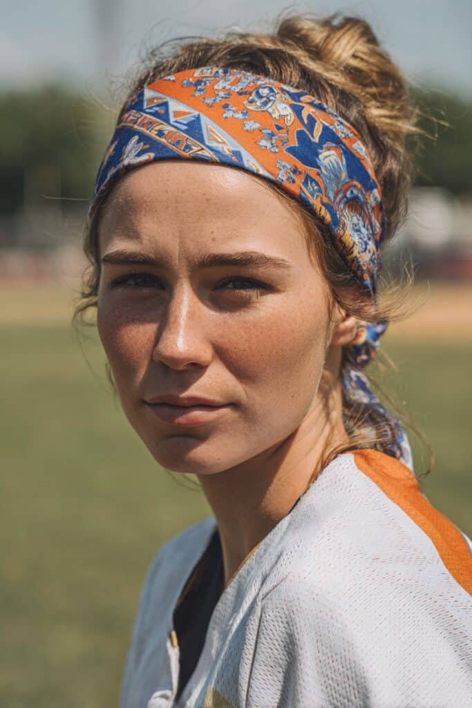 girl with bandana wrap, sporty softball hairstyles look