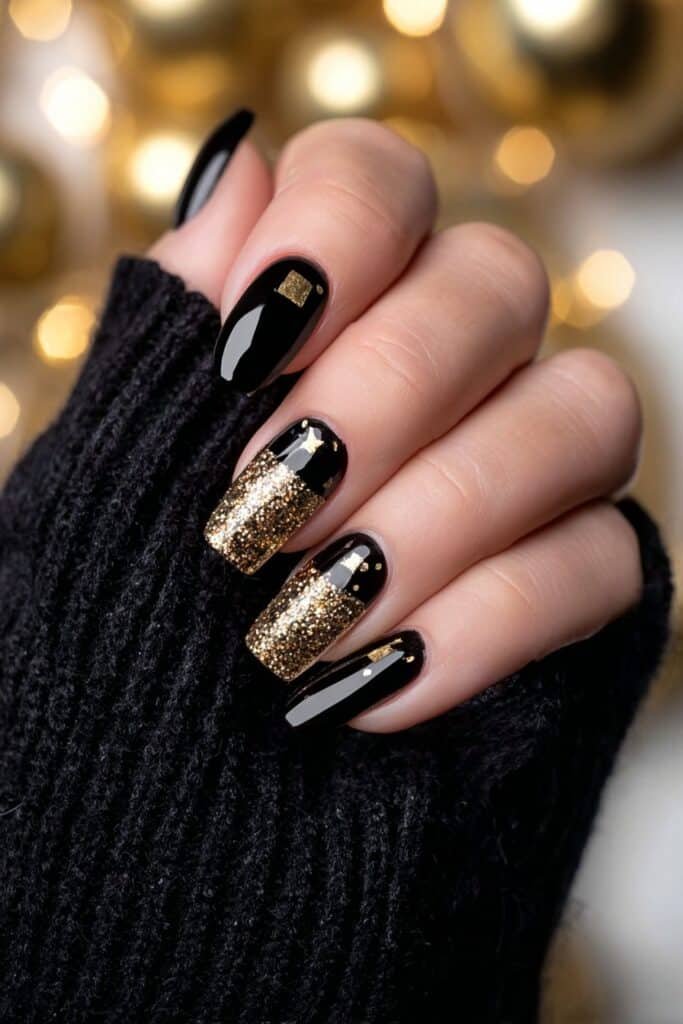 Black nails with gold glitter accents and sparkle gradient.