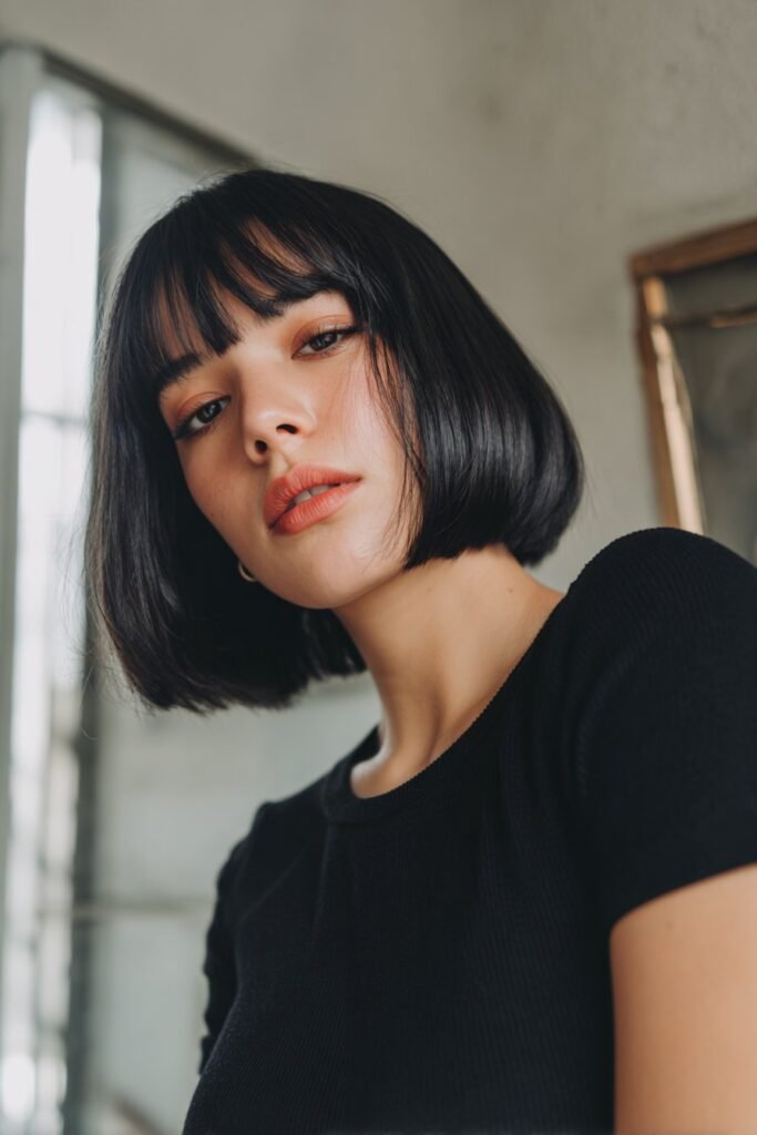 blunt bob with sharp edges and sleek finish, modern short hairstyle